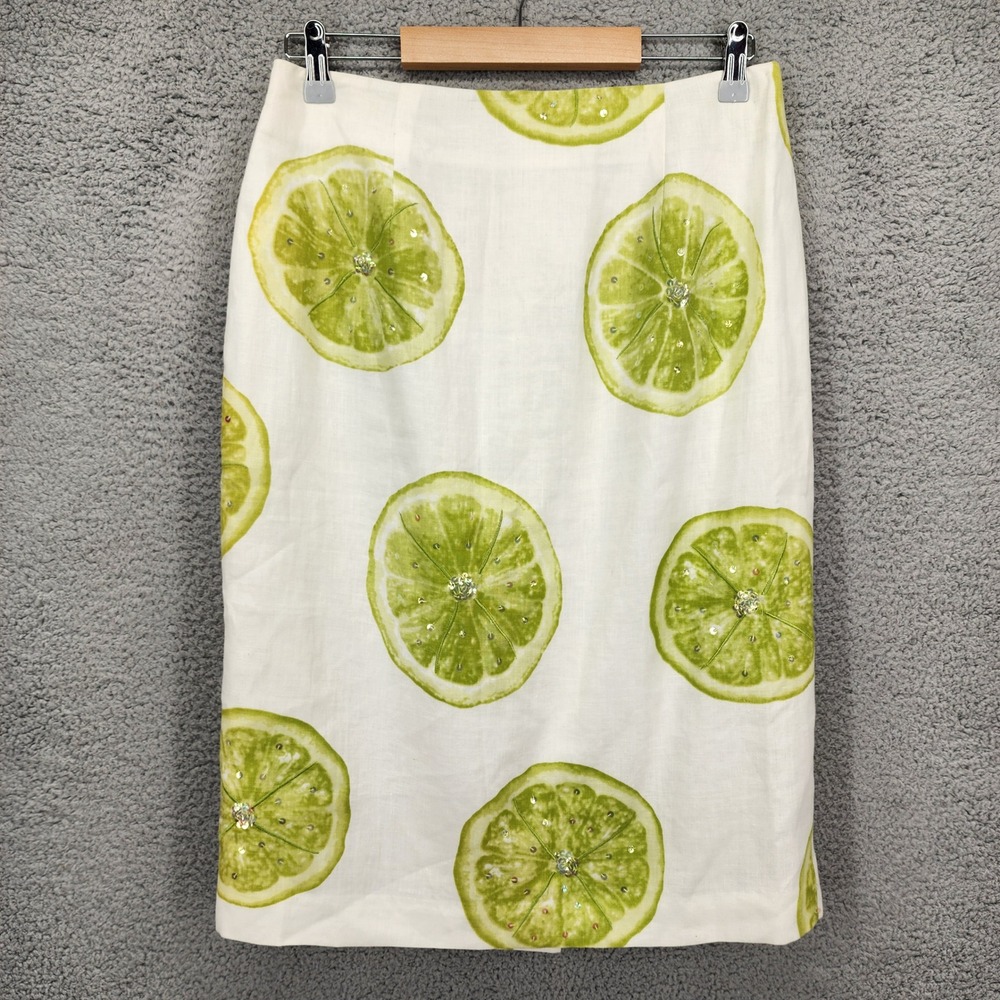 Silk Club Collection Linen Lime Print Sequin Pencil Skirt White Green Sz 10